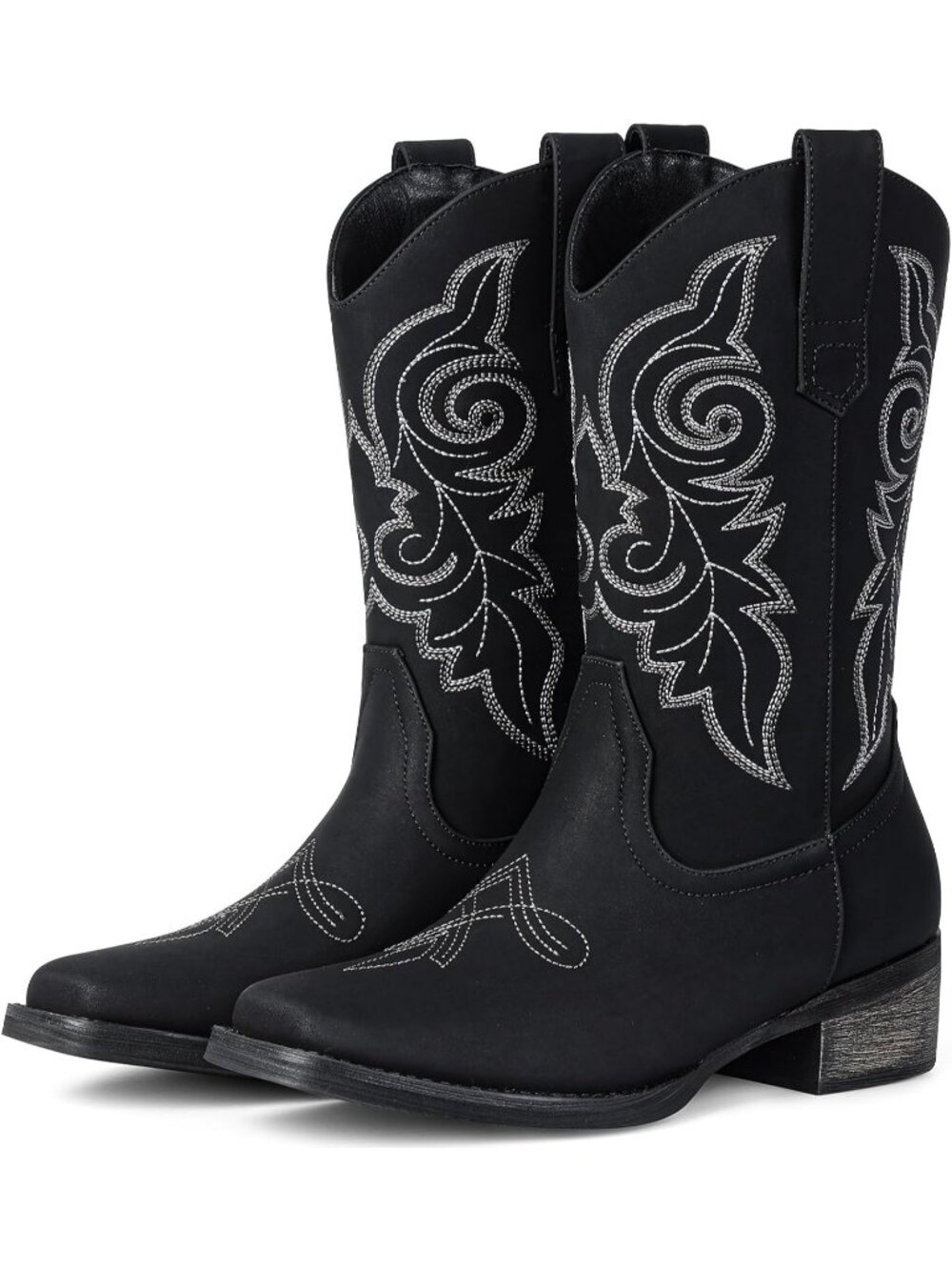 Women's Black Square Toe Mid Calf Low Chunky Heel Classic Retro Cowgirl Boots